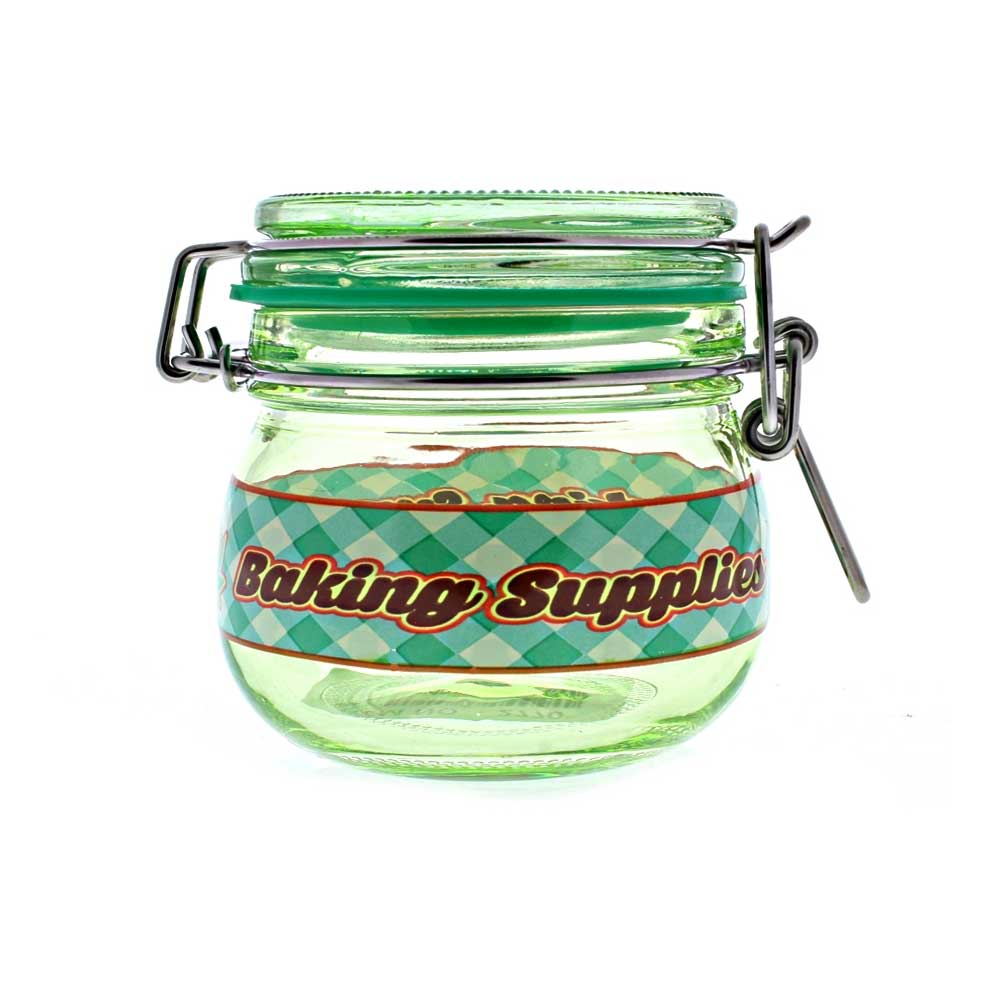 Glass stash jar that says Baking Supplies.