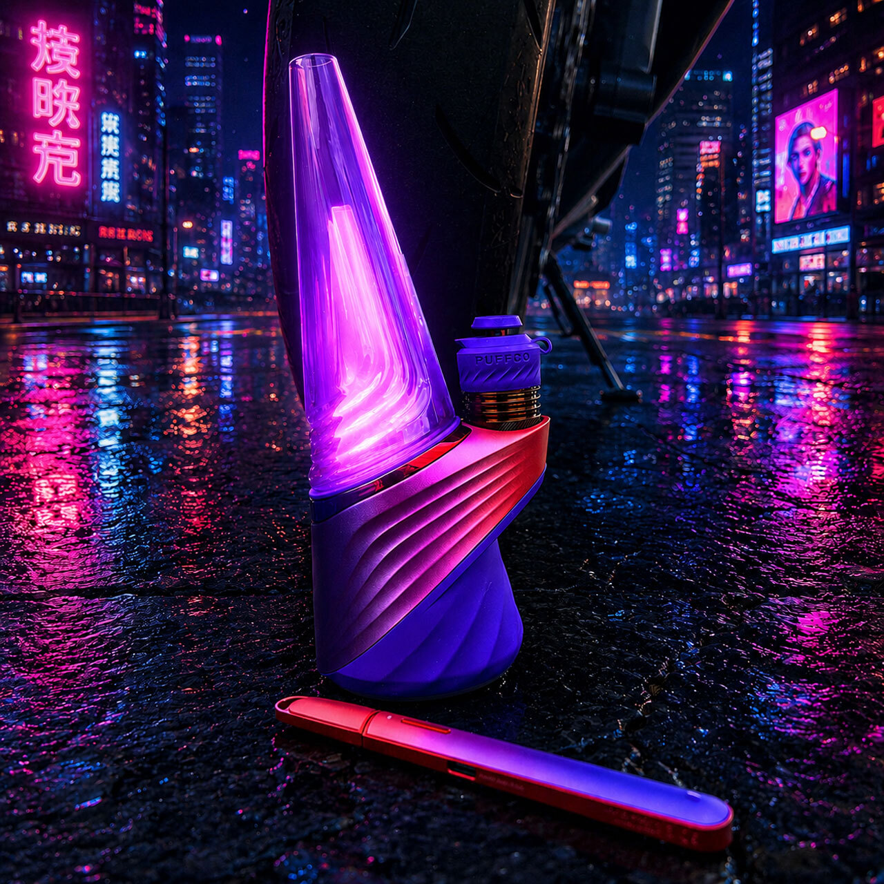 Puffco Peak Pro Plasma and Hot Knife Plasma in a cyberpunk setting