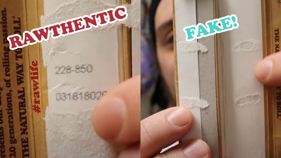 Side-by-side picture of a man showing the inside of RAW paper boxes, with the fake box missing a printed batch number.