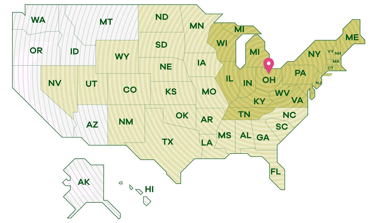 Map detailing shipping zones radiating from Ohio